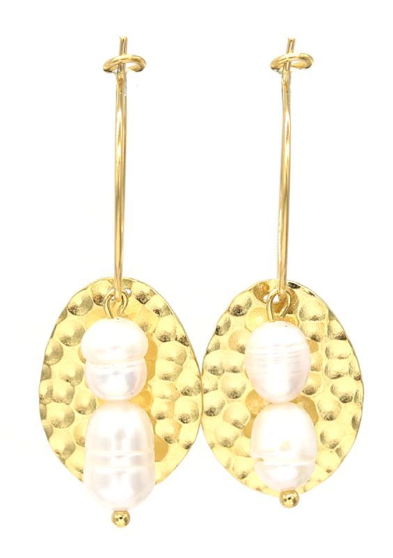 Steel Hoop Earrings Freshwater Pearls 2x4cm Gold