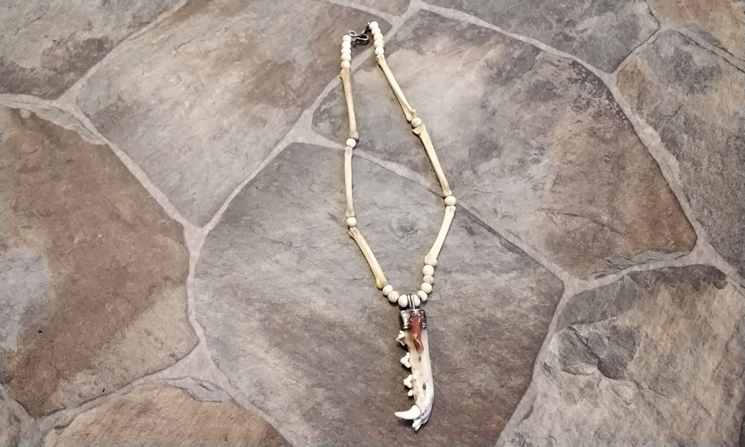 Fox Jaw Bone Necklace Sterling Silver Capped With Red Coral Drop Coyote Foot Bone Hairpipe Beads And Buffalo Bone Beads Silver Clasp