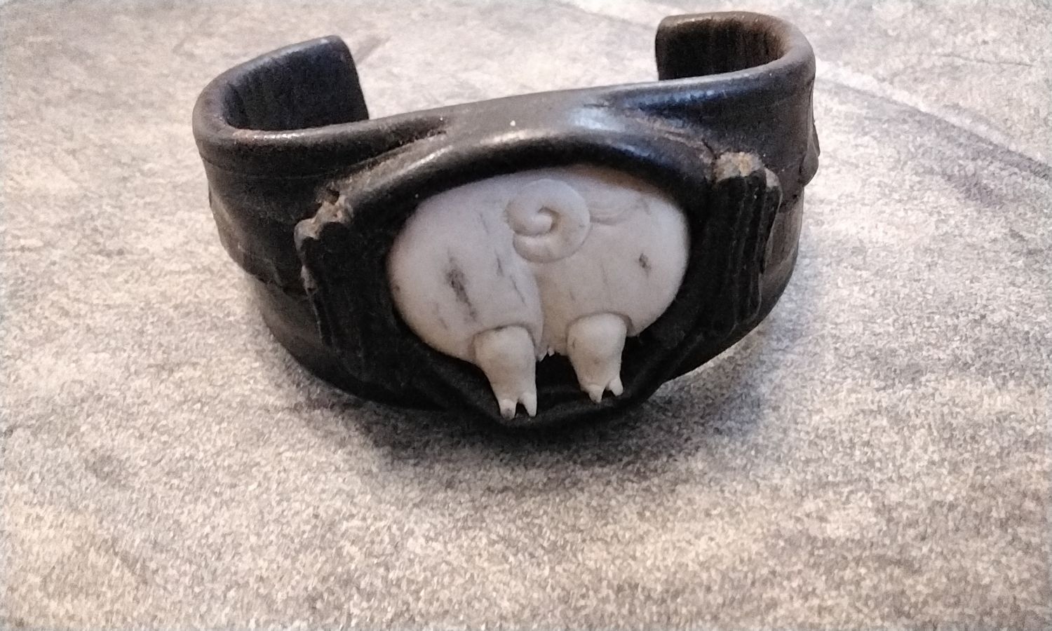 Pig Butt Braclet Handcarved Moose Antler And Handmade Leather Cuff Braclet. One Of A Kind. Handmade In USA