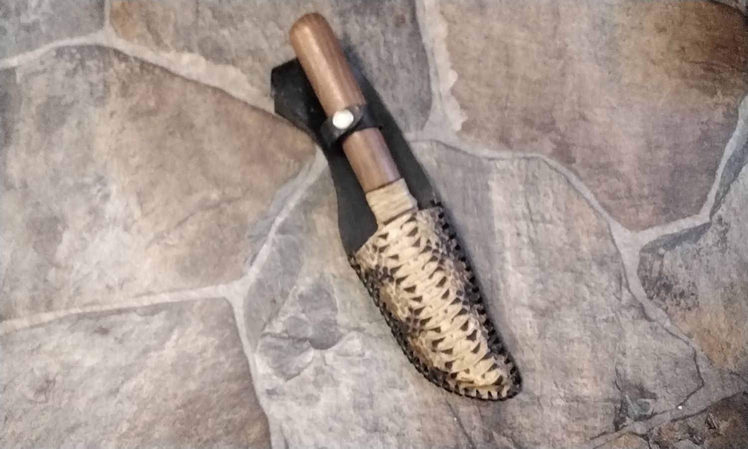Native American Style Flint Knife With Hickory Wood Handle In A Water Moccasin Knife Sheath Native American Style Handmade In USA