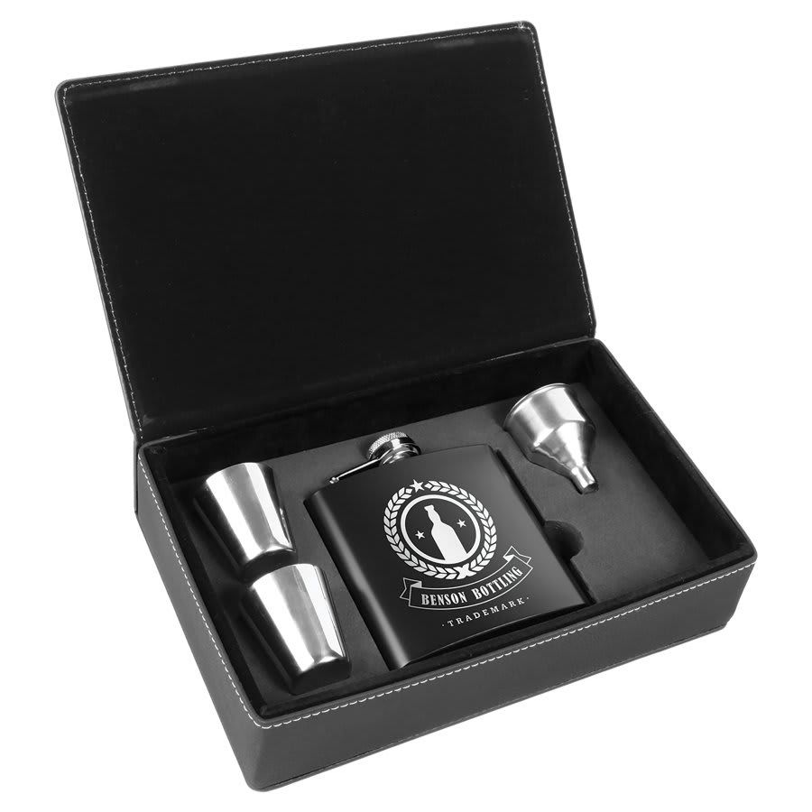 Flask Gift Box Set, Colour: Black Leatherette Box, Style: Black Powder Coated Flask