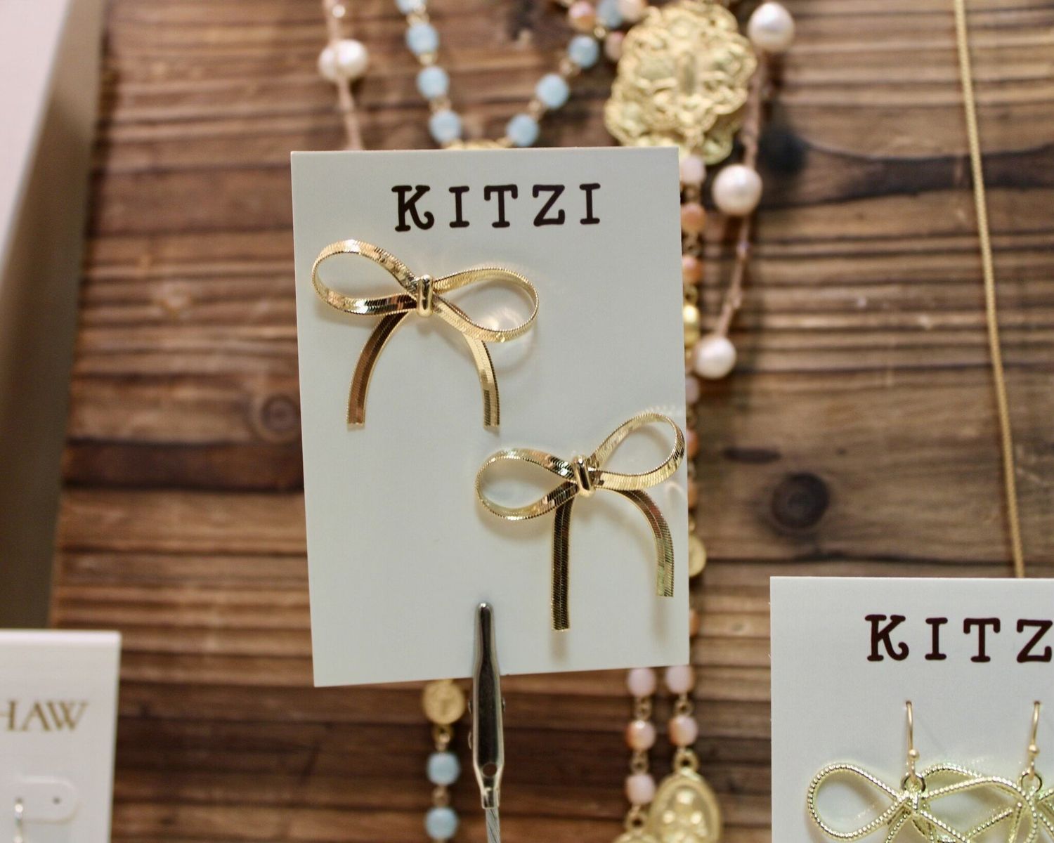 Kitzi Bow Earring, Style: Stud, Color: Gold Herringbone