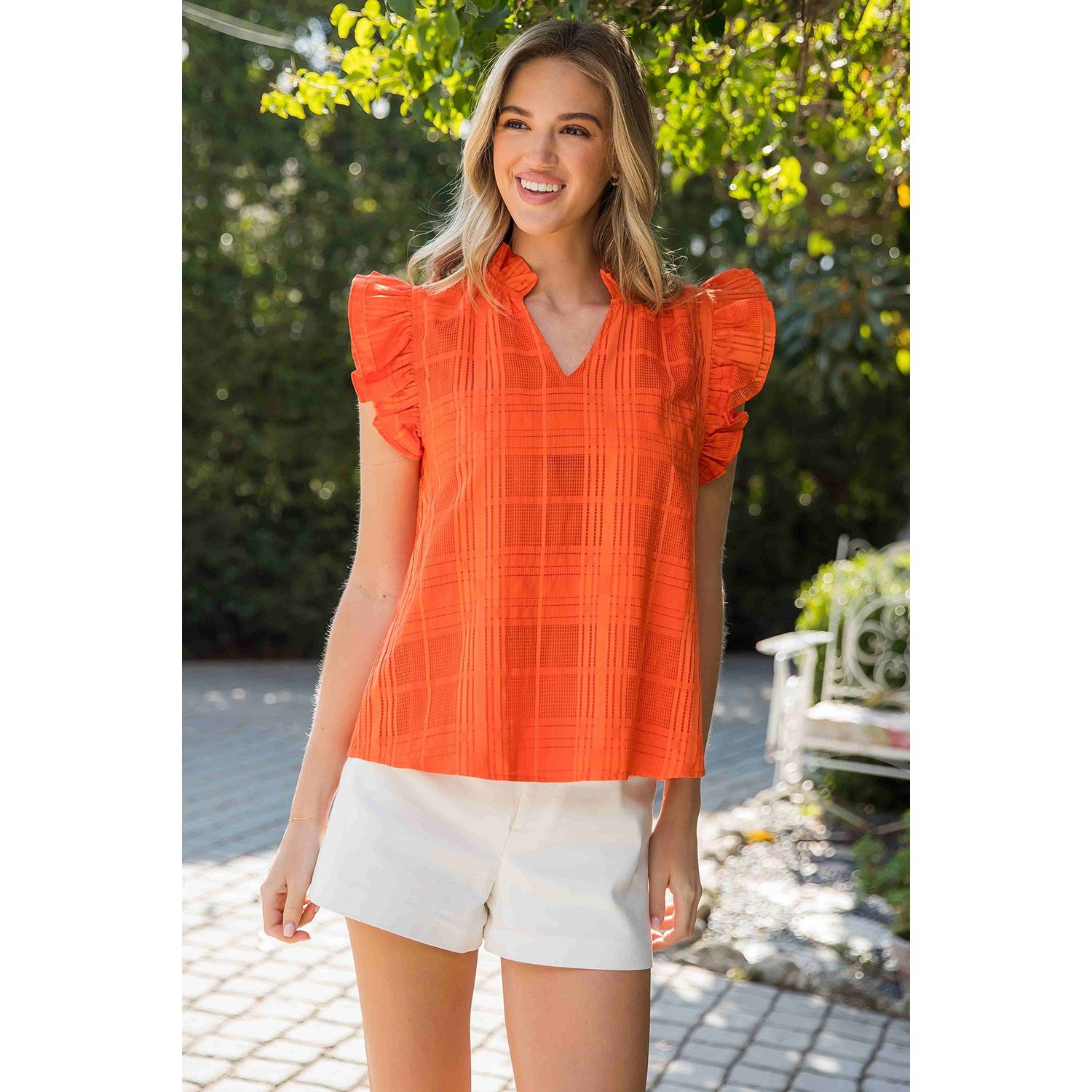 Flutter Sleeve Gingham Top Orange