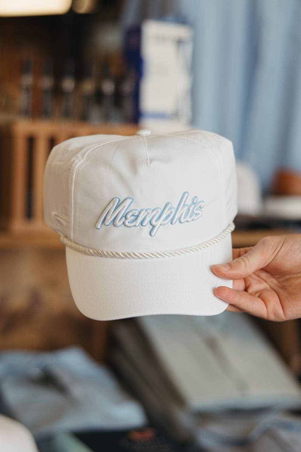 Memphis 3D Script Rope Hat, Color: Beale Blue &amp; White