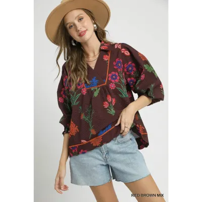 Floral Textured Brown Top