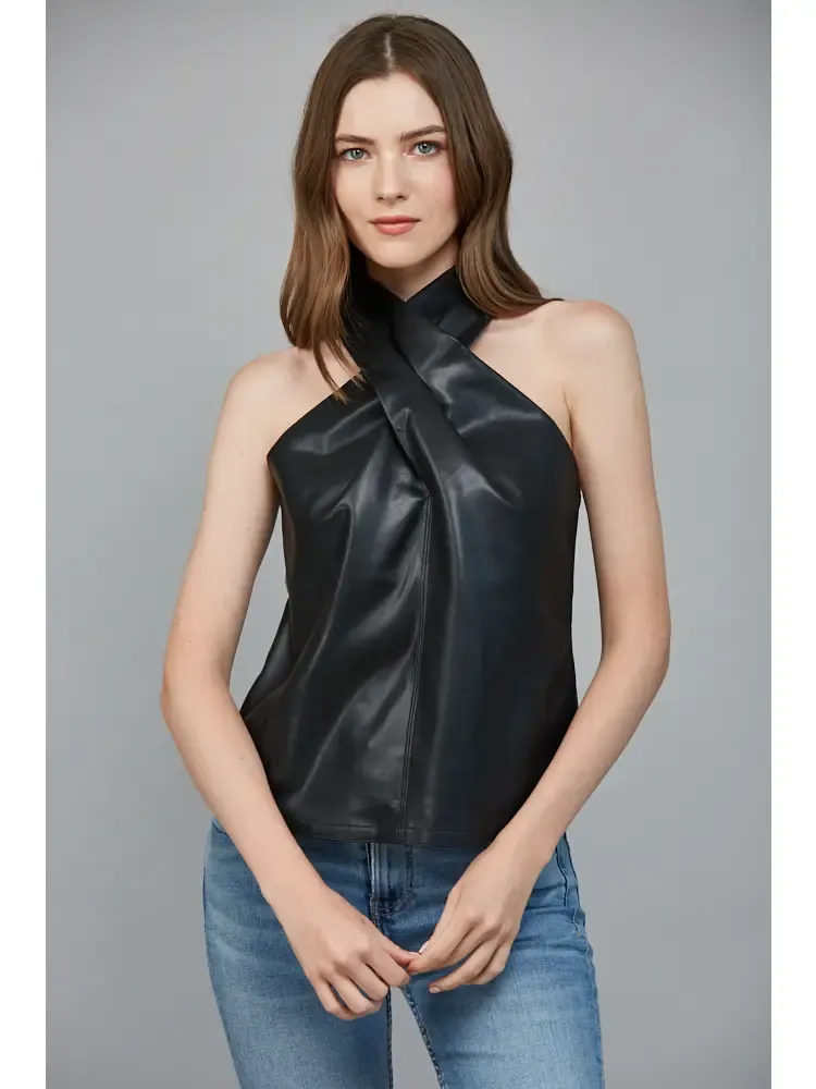 Faux Leather Crisscross Neckline Slvl Top