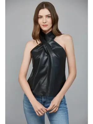 Faux Leather Crisscross Neckline Slvl Top