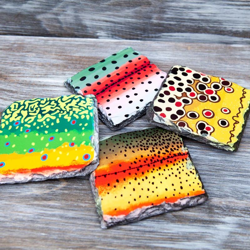 Trout Pattern Slate Coaster Sets