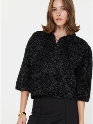 Fuzzy Metallic Sweater Cardigan