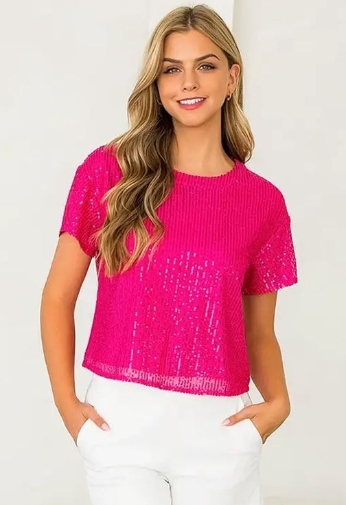 Magenta Sequin Short Sleeve Tee