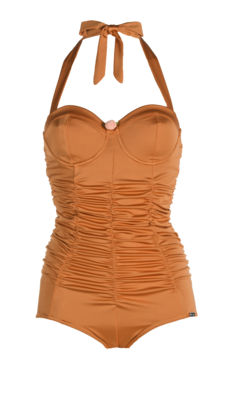 Bathing suit, pleated front, wired cups. Bronze