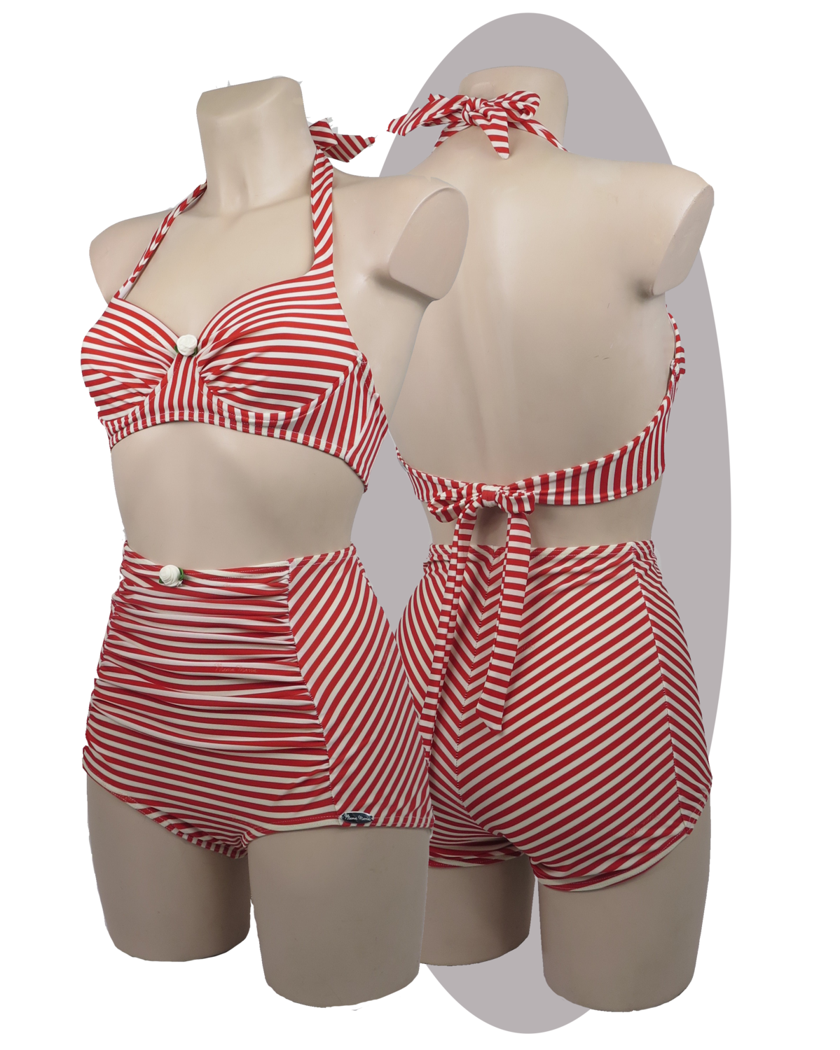 Bikini red striped print, pleated cups, rose, high waisted pants.