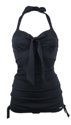 Bathing suit black, apron pleated, large bow