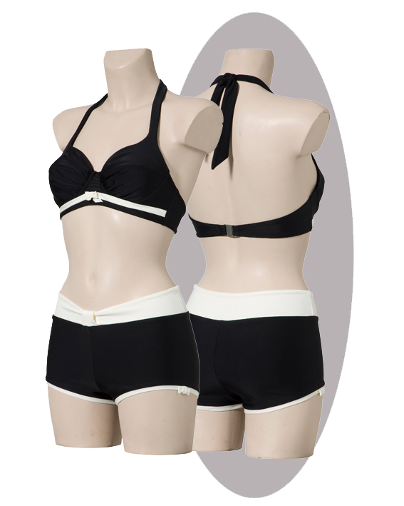 Bikini, black with pleated cups,  ivory striped and small bows.