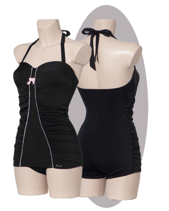 Bathing suit in black, ivory striped, with pleated side parts.