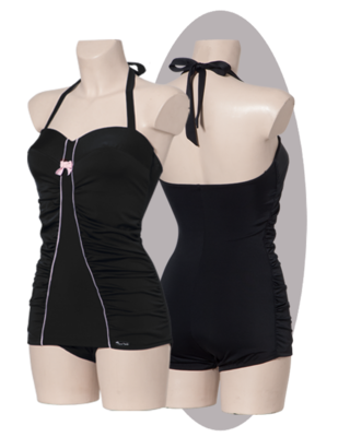 Bathing suit in black, ivory striped, with pleated side parts.