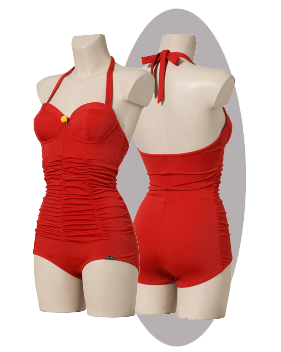 Bathing suit, red, pleated front, shorty.