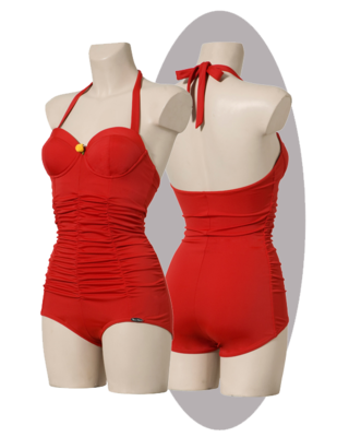 Bathing suit, red, pleated front, shorty.