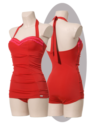 Bathing suit in red, pleated apron, pink ruffles.