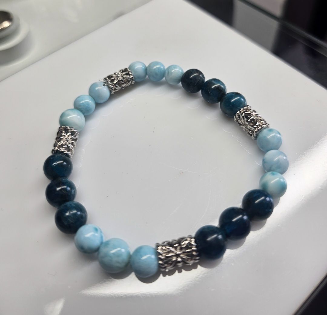 Bracelet larimar et apatite 8 mm seulement