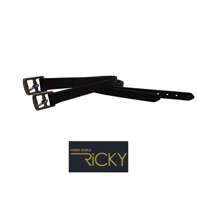 De Horse World Ricky stijgbeugelriemen van 150 cm (2 stuks per verpakking) zijn gemaakt van zwart, stevig leer. Perfect voor ruiters die op zoek zijn naar betrouwbare en duurzame riemen voor dagelijks gebruik. Veiligheid en comfort gegarandeerd.