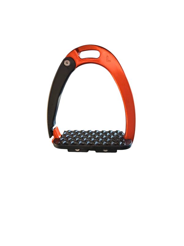 "Veiligheidsstijgbeugel met breed voetblad en open onderkant door veer, verkrijgbaar in zwart, blau…