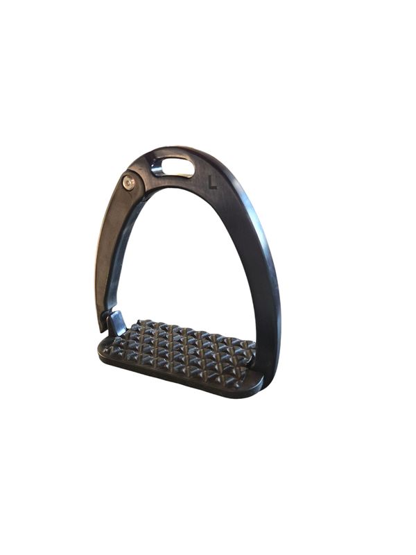 "Veiligheidsstijgbeugel met breed voetblad en open onderkant door veer, verkrijgbaar in zwart, blau…