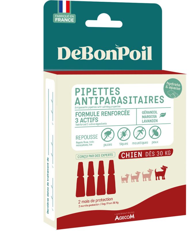 DeBonPoil Antiparasitaire Pipetten – Natuurlijke bescherming tegen vlooien en teken - Honden vanaf 30kg, 4 pipetten
