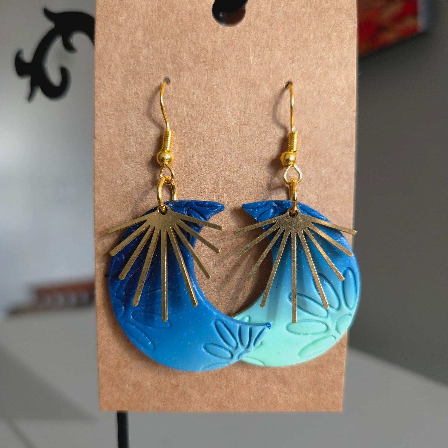 Blue Hues Ombre Sunflower Stamped Asymmetrical Moons w/Sunburst Charms