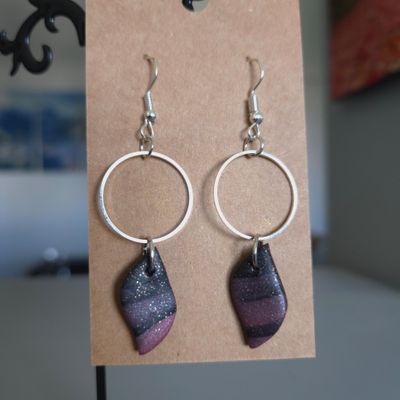 Black &amp; Mauve Marbled Small Abstracts w/Silver Hoop Charms