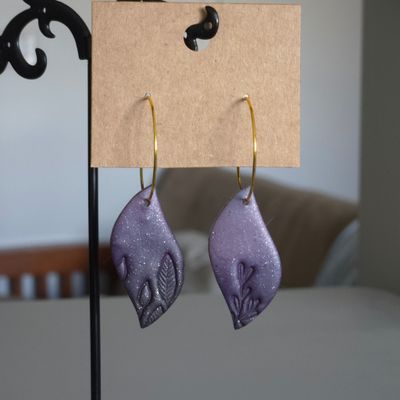 Purple &amp; Black Ombre Plant Stamped Abstracts on Gold Hoops