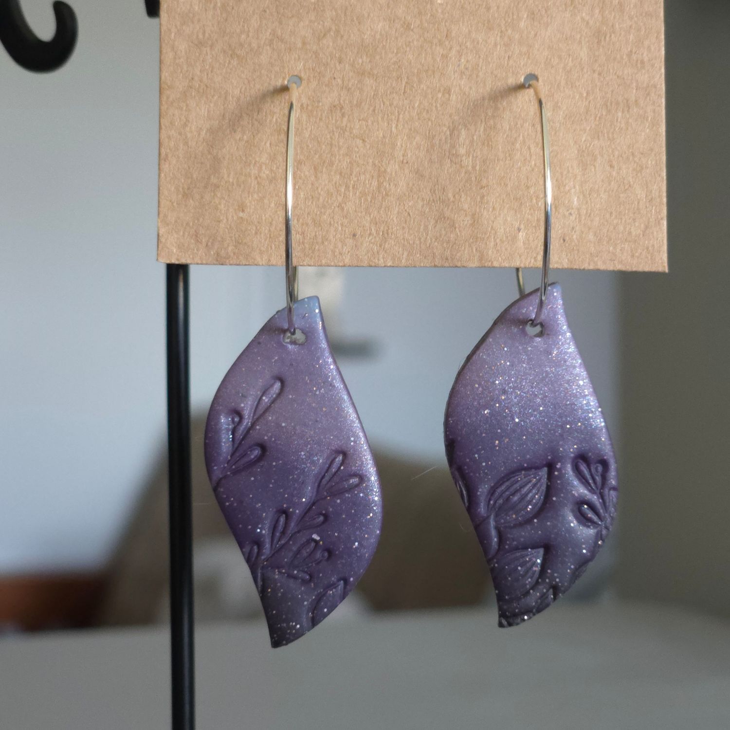 Purple &amp; Black Ombre Plant Stamped Abstracts on Silver Hoops