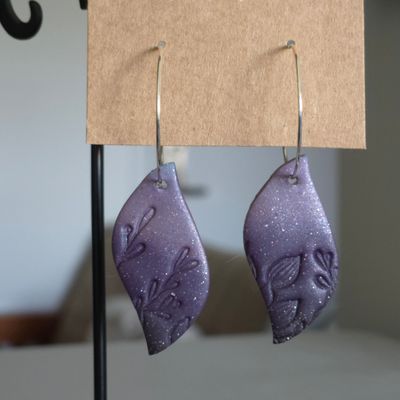 Purple &amp; Black Ombre Plant Stamped Abstracts on Silver Hoops