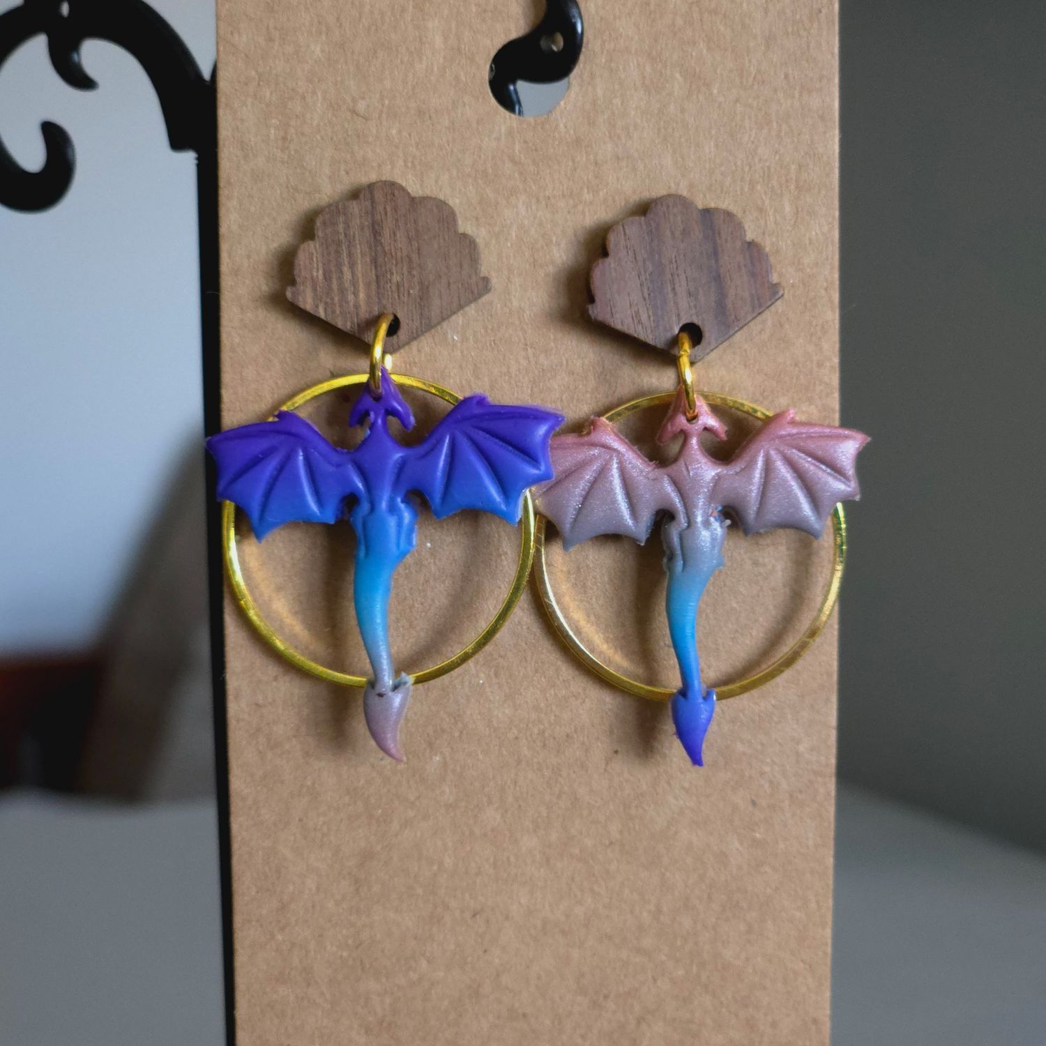 Multi-Color Ombre Asymmetrical Small Flying Dragons w/Gold Hoop Charms