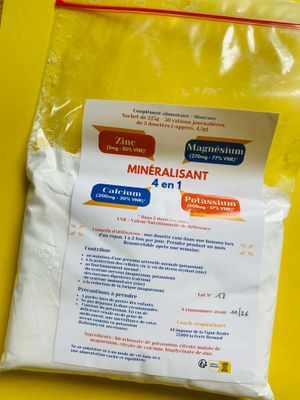 Fabriqué par J-M Defossez. Minéralisant 4 en 1 magnésium - calcium - potassium et zinc. Rations pour 50 jours. Livraison : 5 €;. Tarif unique quel que soit le nombre de sachets commandés.