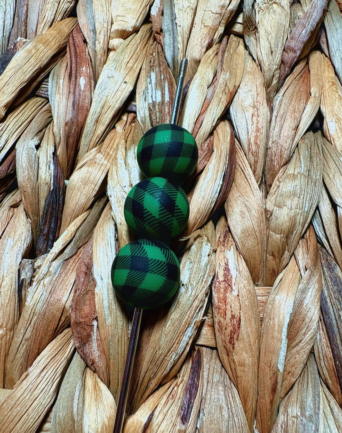 15mm Green Plaid Printed Silicone Beads