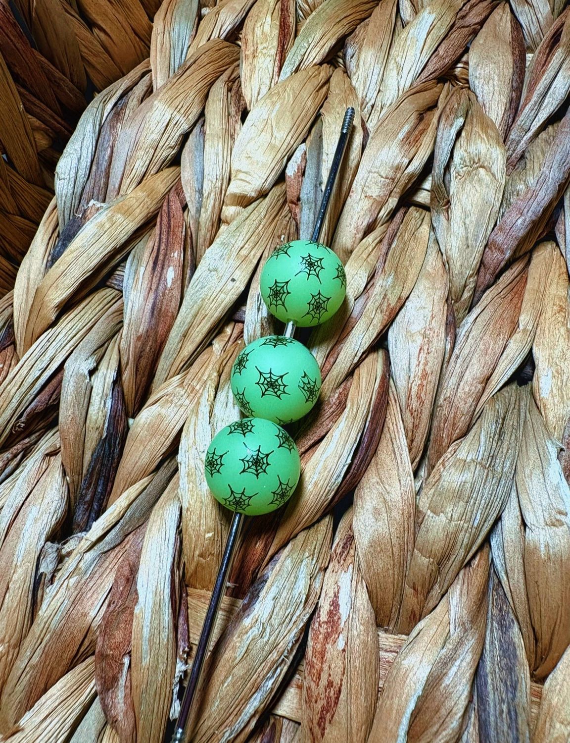 15mm Green Glow in the Dark Spiderweb Printed Silicone Beads