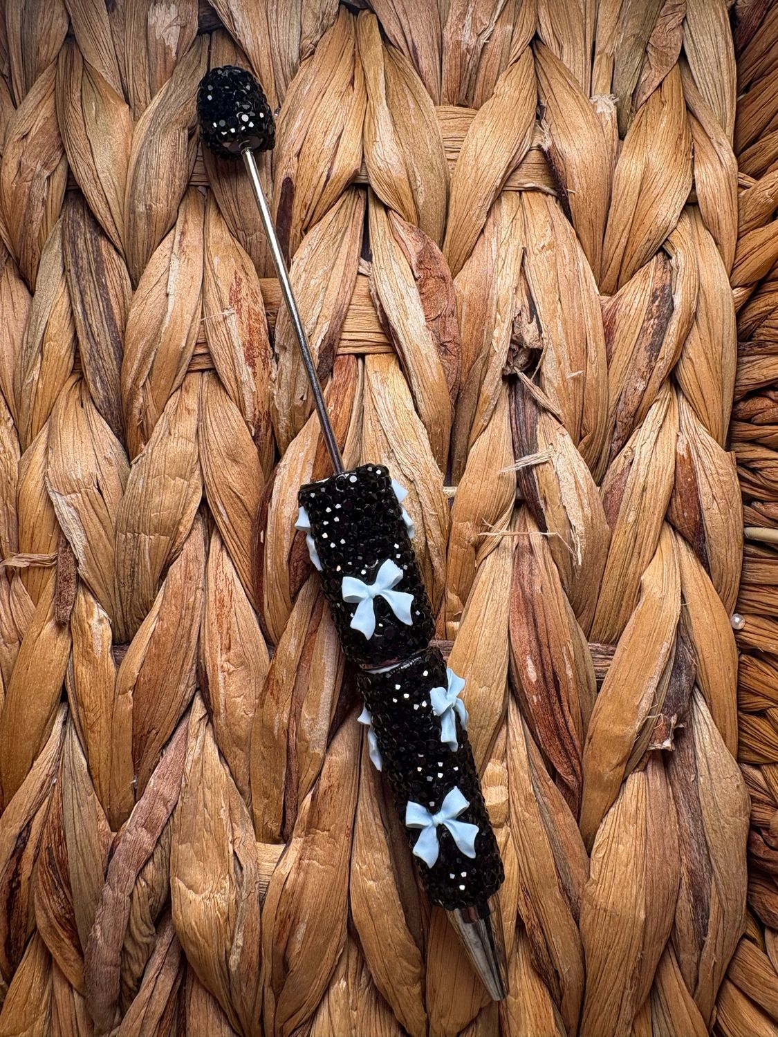 Blue Bow Black Rhinestone Pen