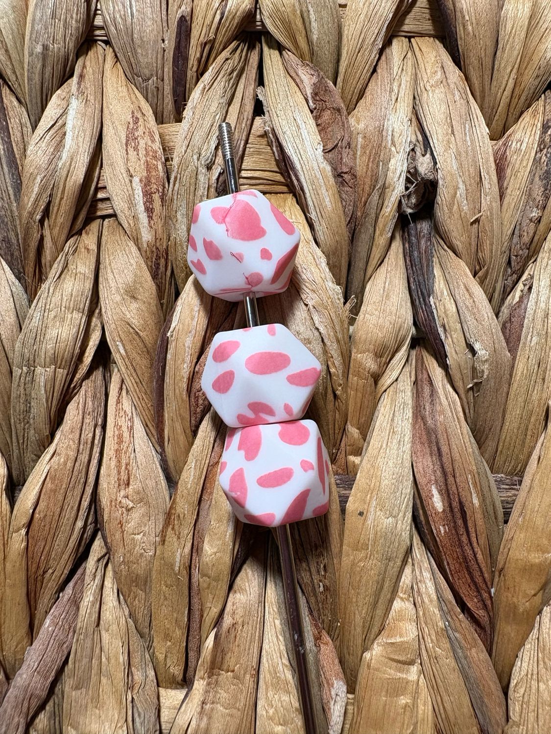 Pink Cow Print Hexagon Silicone Beads SB4