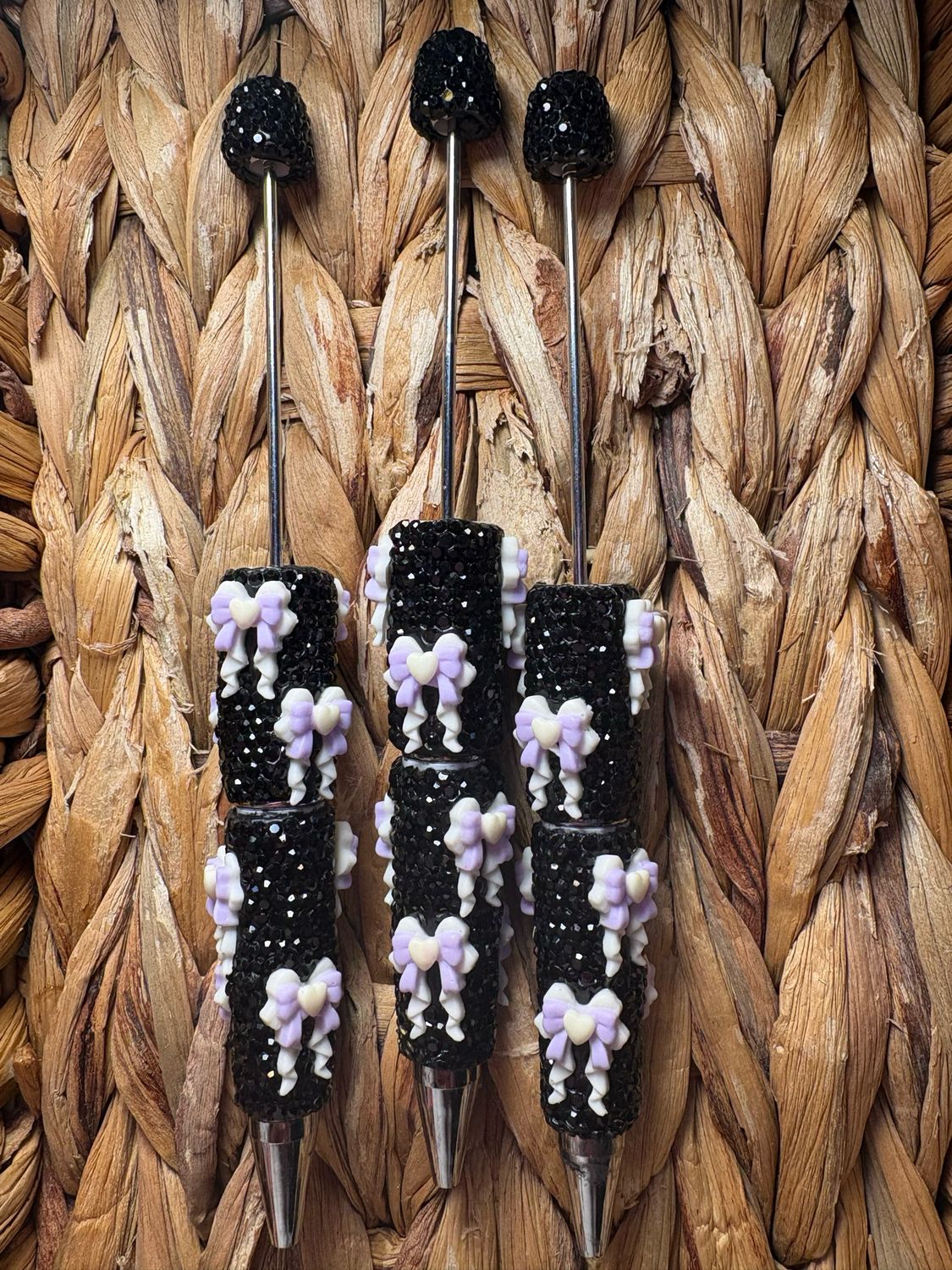 Purple Specialty Bow Black Rhinestone Pen-3pack