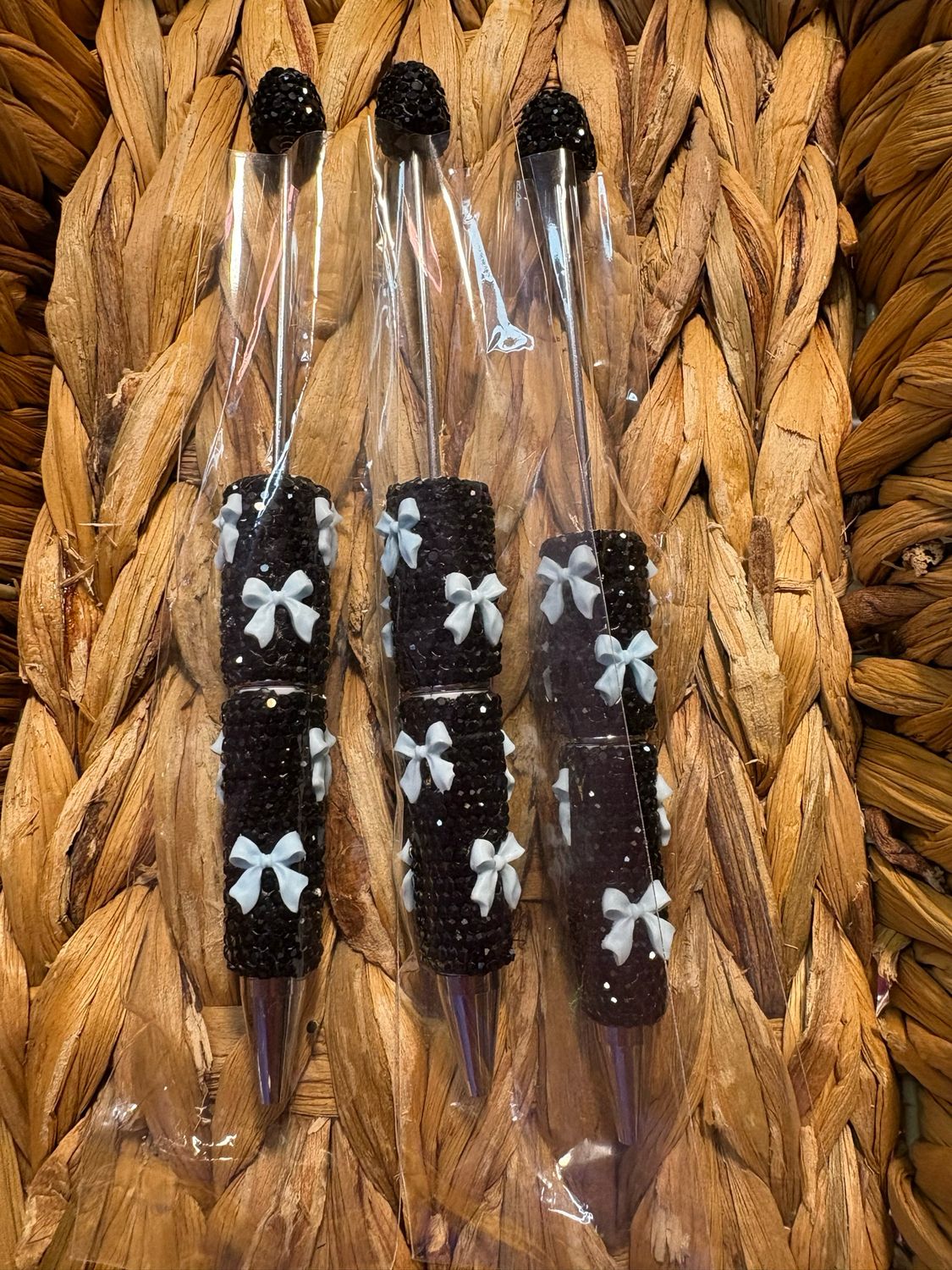 Blue Bow Black Rhinestone Pen- 3pack