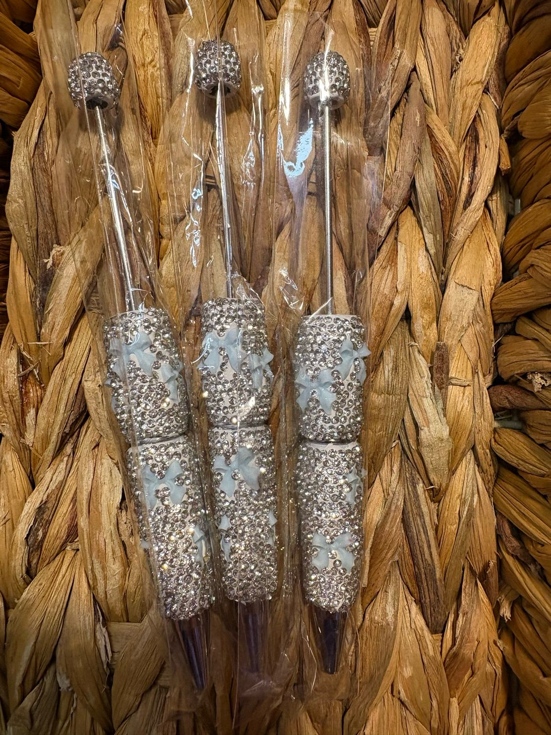 Blue Bow Silver Rhinestone Pen-3pack