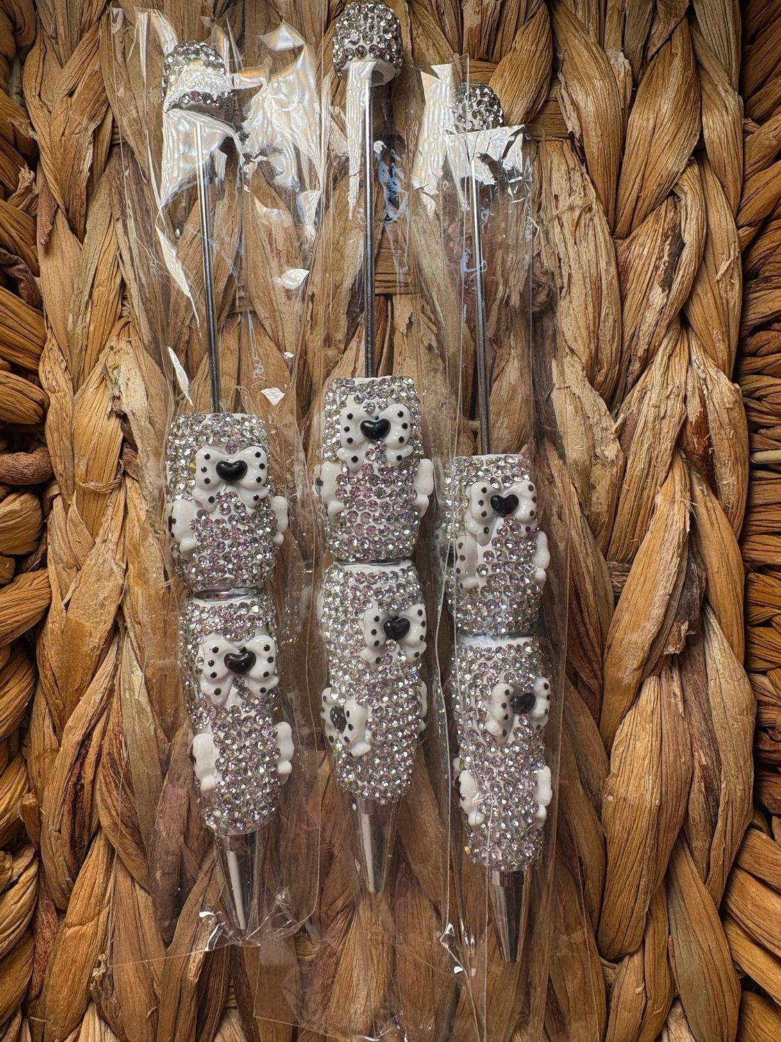 White Bow Silver Rhinestone Pen-3pack