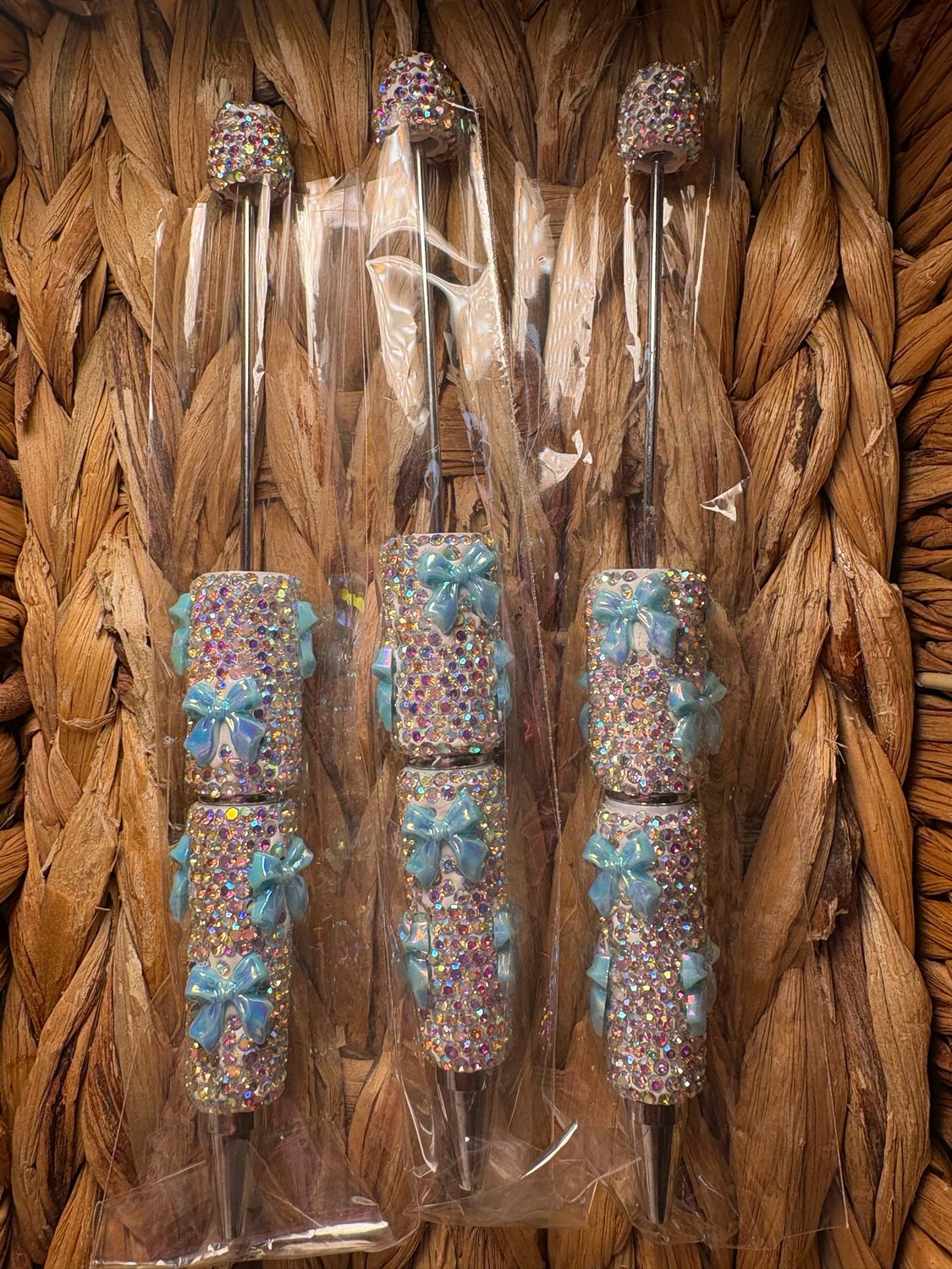 Blue Bow Silver Rhinestone Pen-3pack