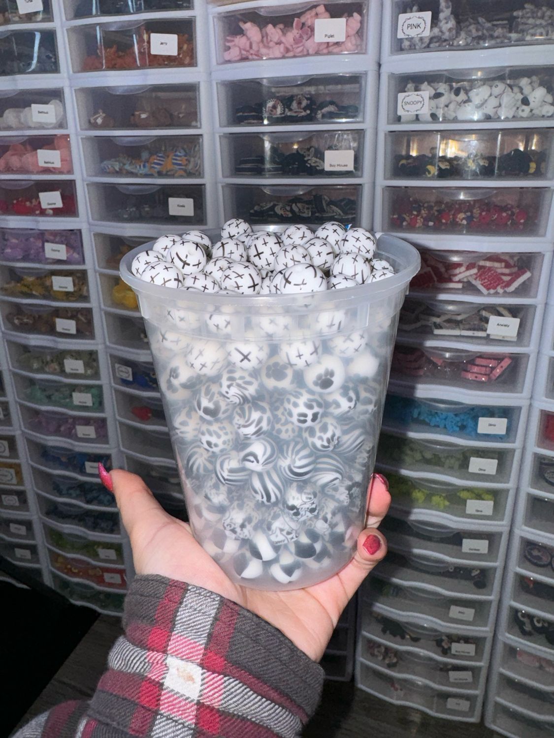 Fill a Bucket- Premade Large Black and White Printed Silicone Beads