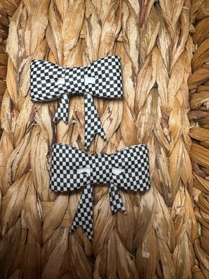 Black &amp; White Plaid Bow Straw Topper ST78