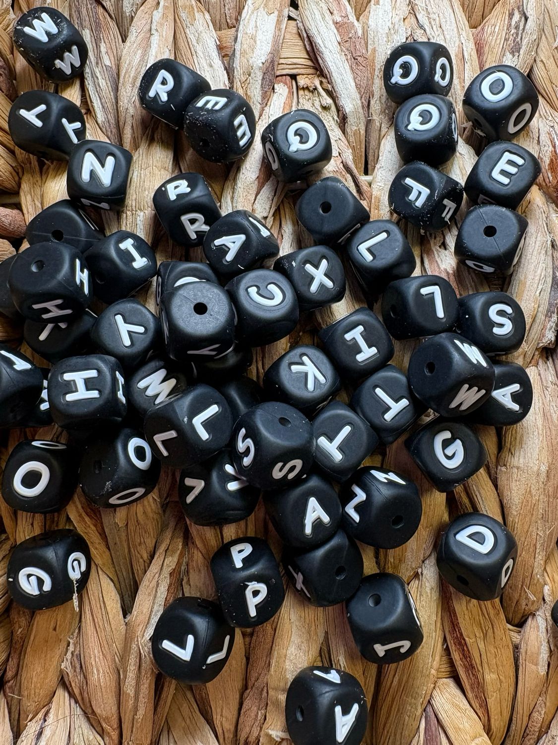 Silicone Square Letter Beads Black- 2 each letter 