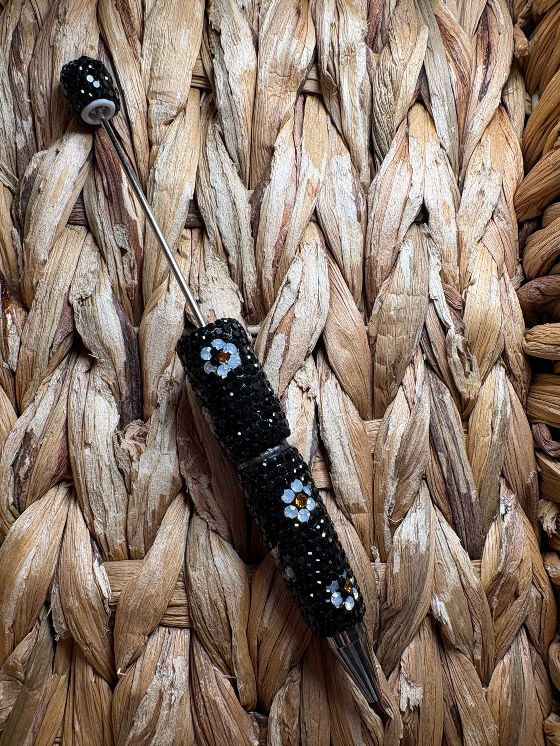 White Flower Black Rhinestone Pen