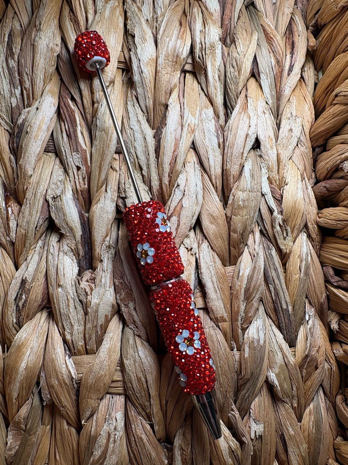White Flower Red Rhinestone Pen