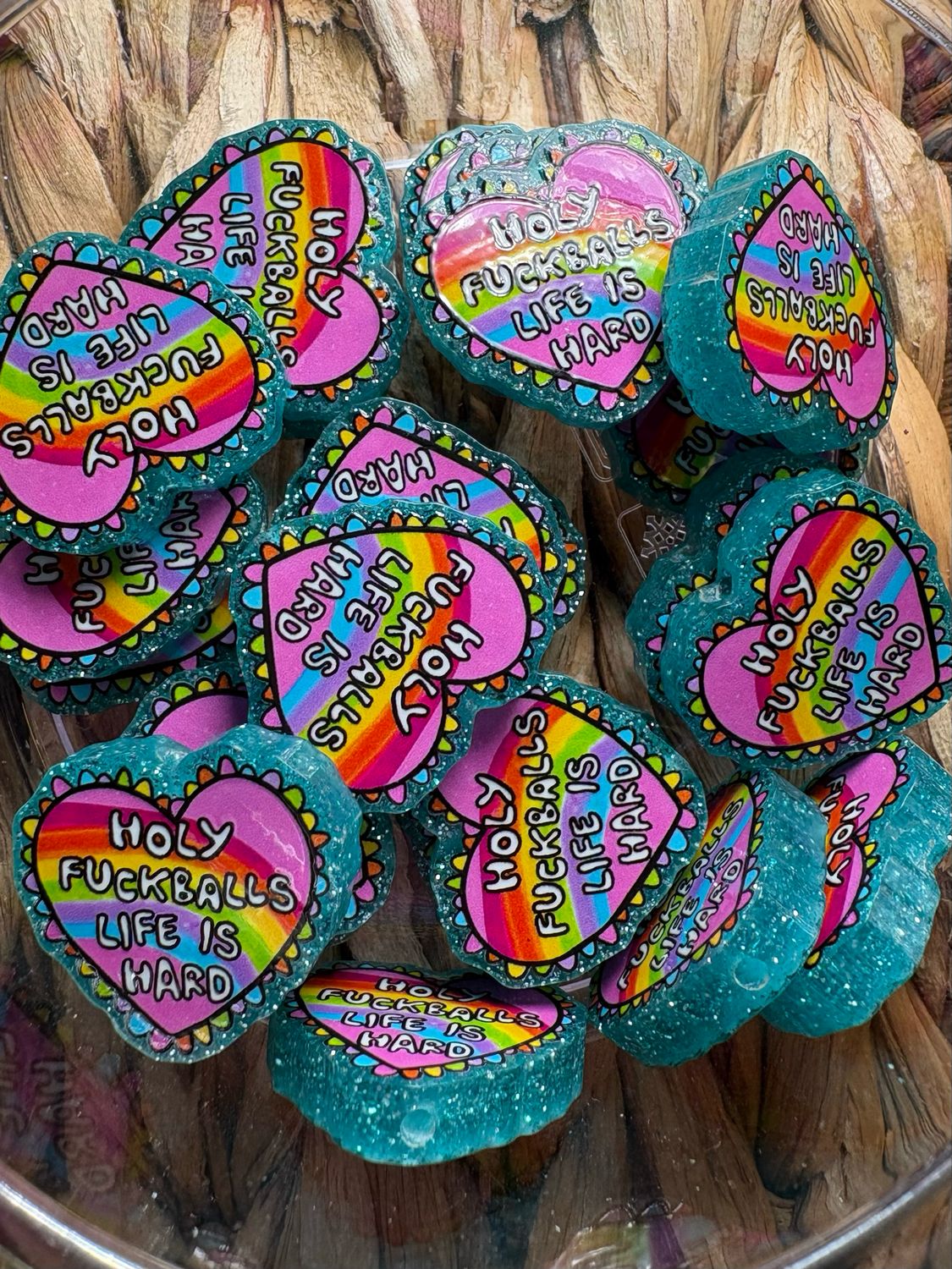 Holy Fuckballs Life Is Heart Acrylic Focal Bead